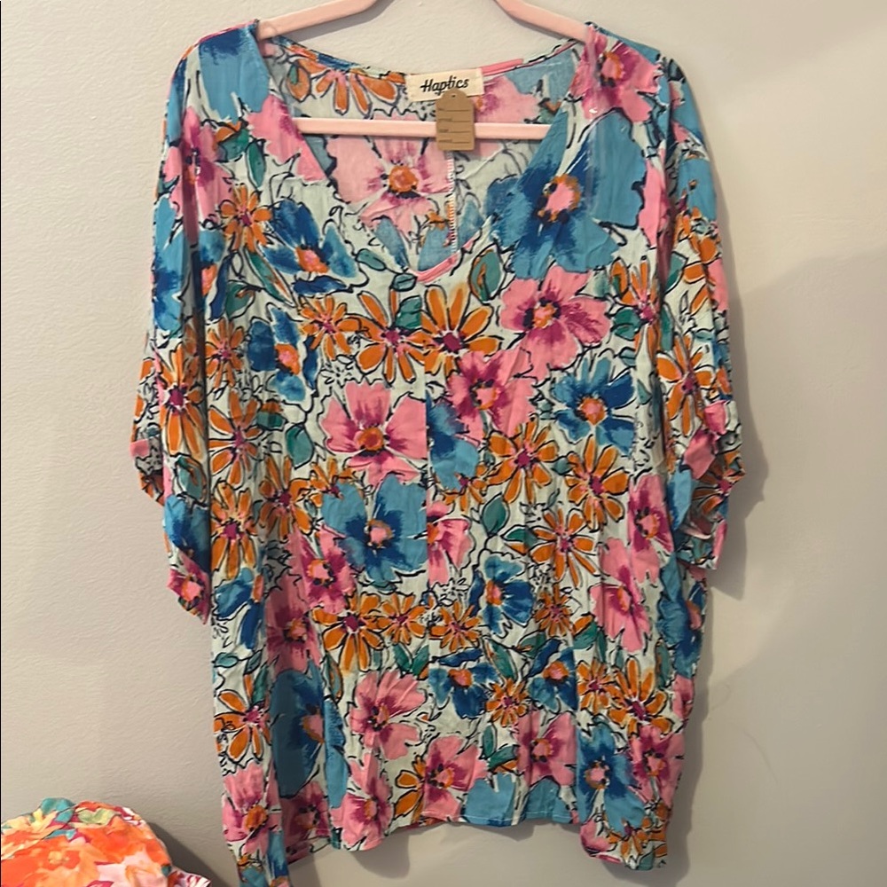 Women's Floral Top - Blue, Pink, Orange